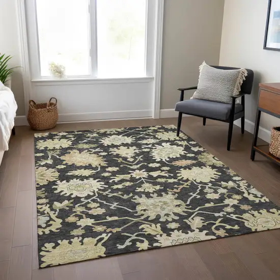 Black And Ivory Floral Washable Indoor Outdoor Area Rug Photo 9
