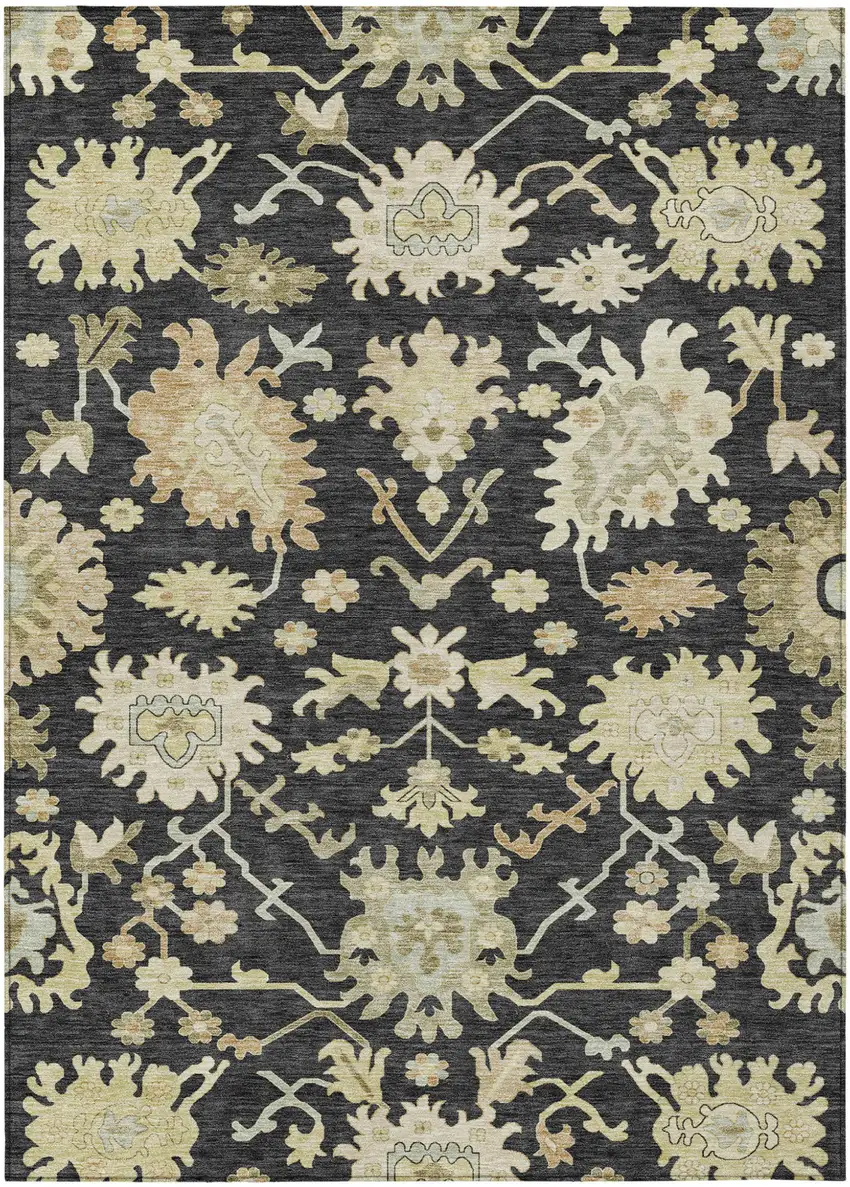 Black And Ivory Floral Washable Indoor Outdoor Area Rug Photo 2