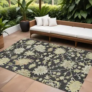 Photo of Black And Ivory Floral Washable Indoor Outdoor Area Rug