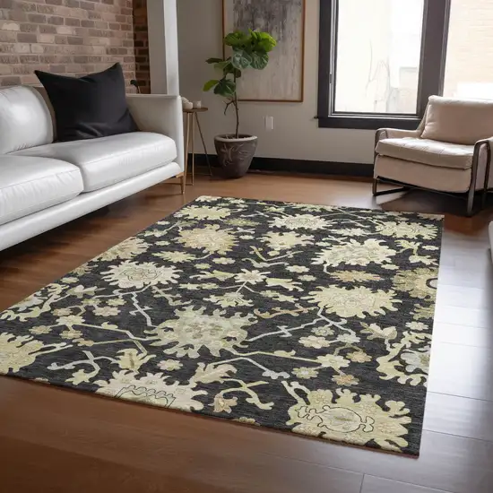 Black And Ivory Floral Washable Indoor Outdoor Area Rug Photo 8
