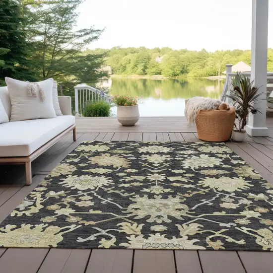 Black And Ivory Floral Washable Indoor Outdoor Area Rug Photo 7