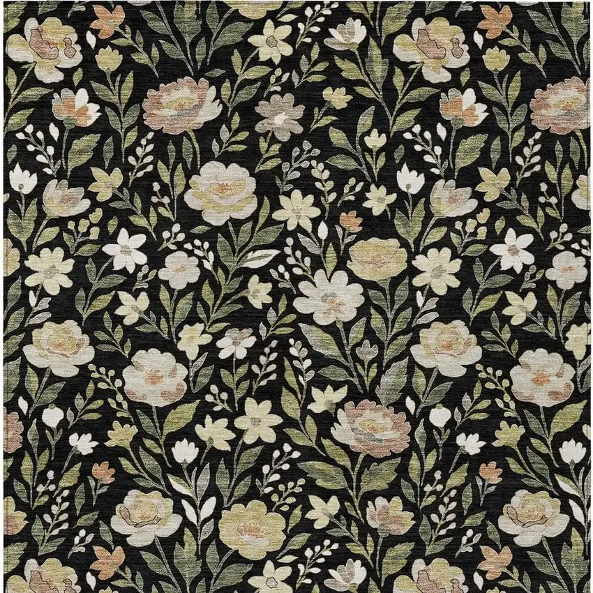 Black And Ivory Floral Washable Indoor Outdoor Area Rug Photo 3