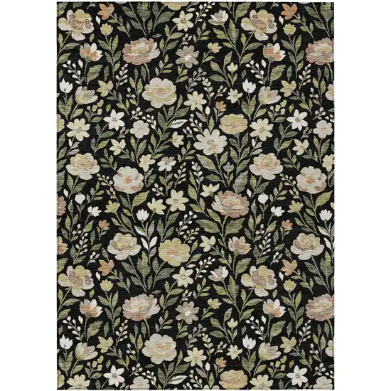 Black And Ivory Floral Washable Indoor Outdoor Area Rug Photo 1