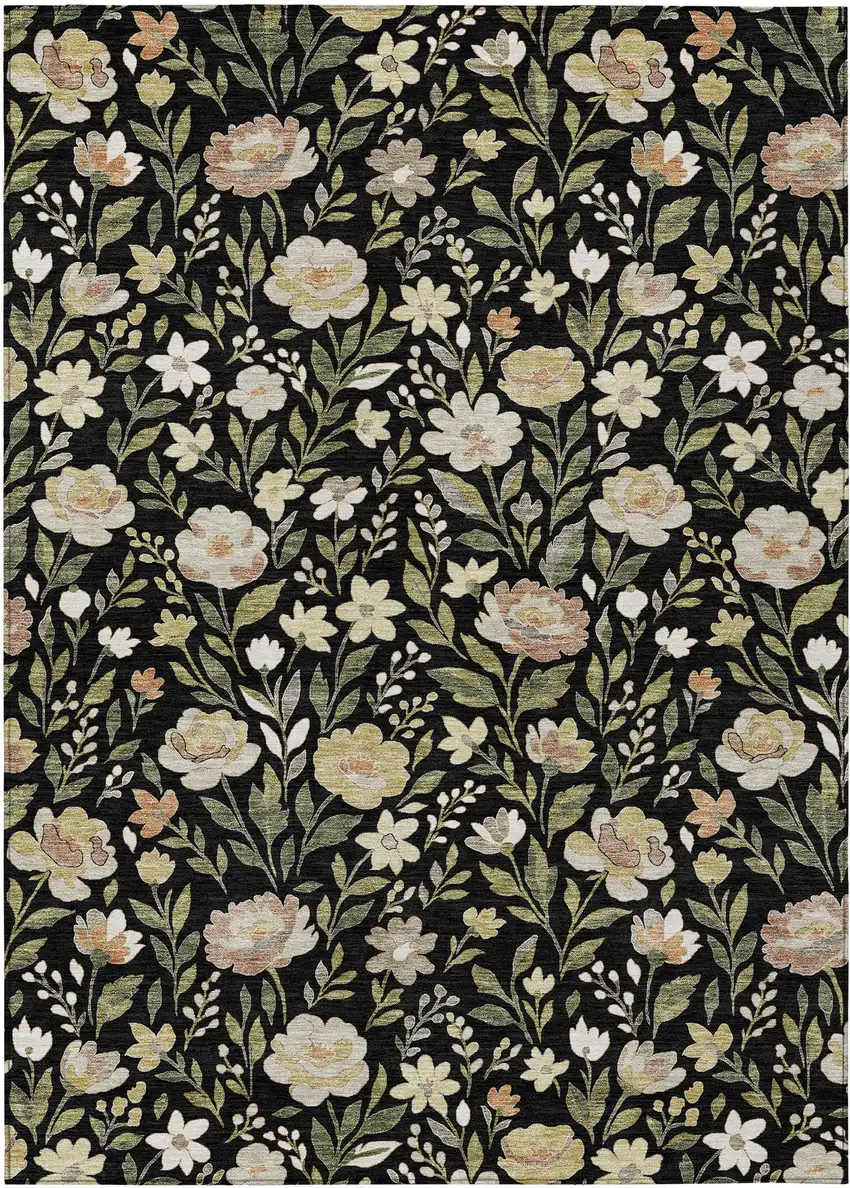 Black And Ivory Floral Washable Indoor Outdoor Area Rug Photo 1