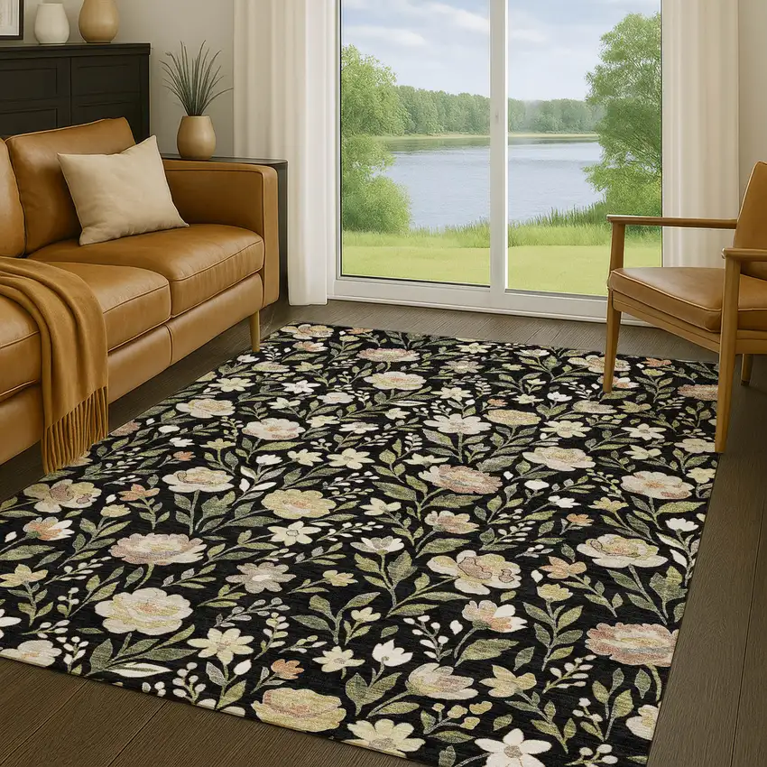 Black And Ivory Floral Washable Indoor Outdoor Area Rug Photo 5