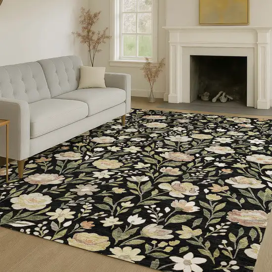 Black And Ivory Floral Washable Indoor Outdoor Area Rug Photo 6