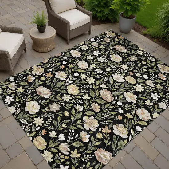 Black And Ivory Floral Washable Indoor Outdoor Area Rug Photo 7