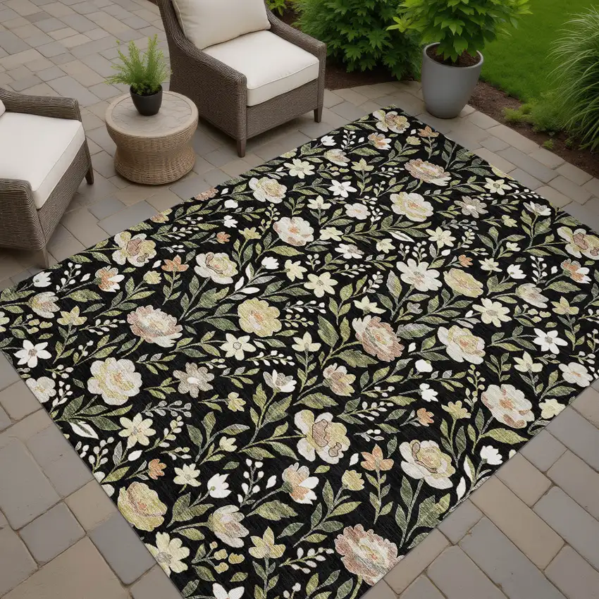 Black And Ivory Floral Washable Indoor Outdoor Area Rug Photo 7