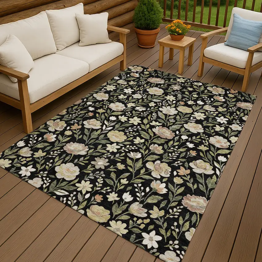 Black And Ivory Floral Washable Indoor Outdoor Area Rug Photo 4