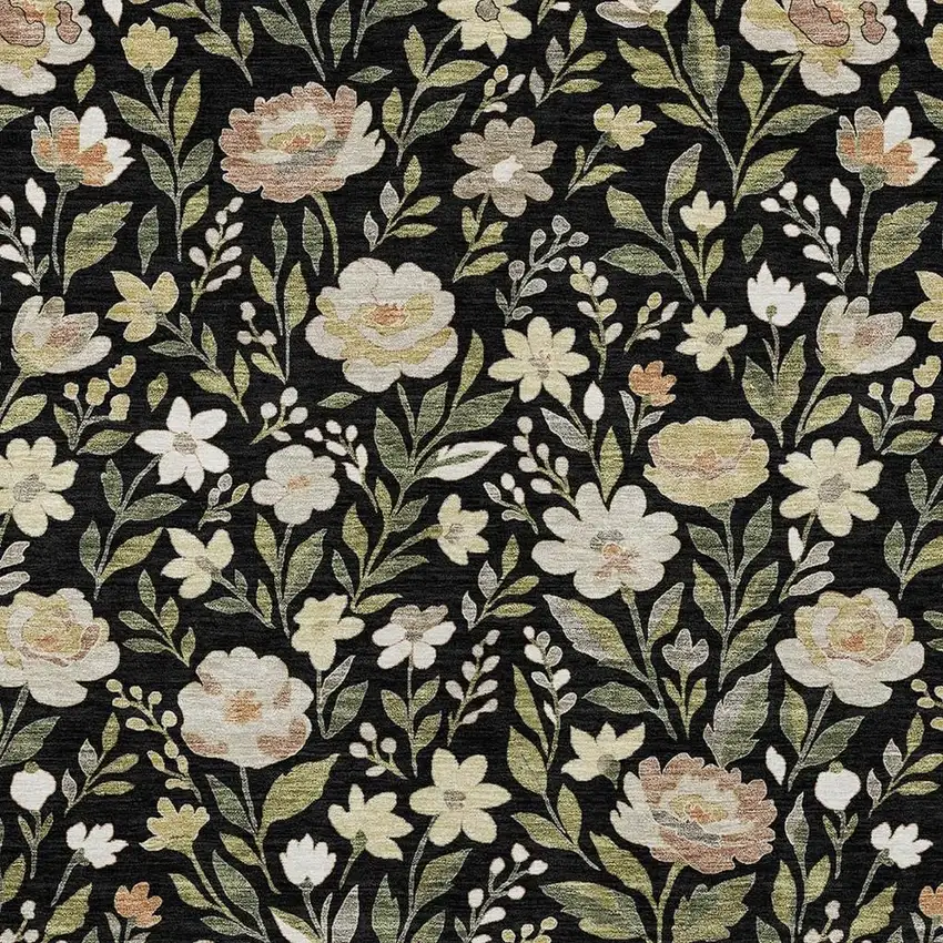 Black And Ivory Floral Washable Indoor Outdoor Area Rug Photo 2