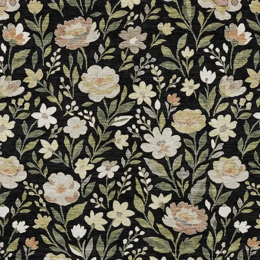 Black And Ivory Floral Washable Indoor Outdoor Area Rug Photo 2