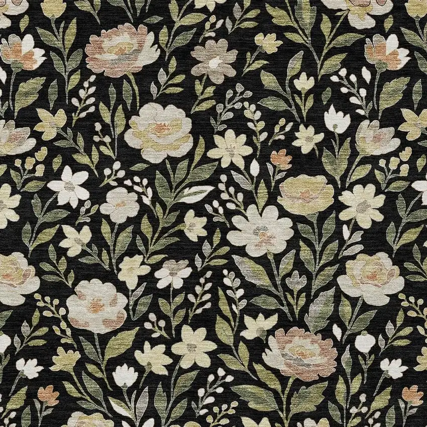 Black And Ivory Floral Washable Indoor Outdoor Area Rug Photo 2