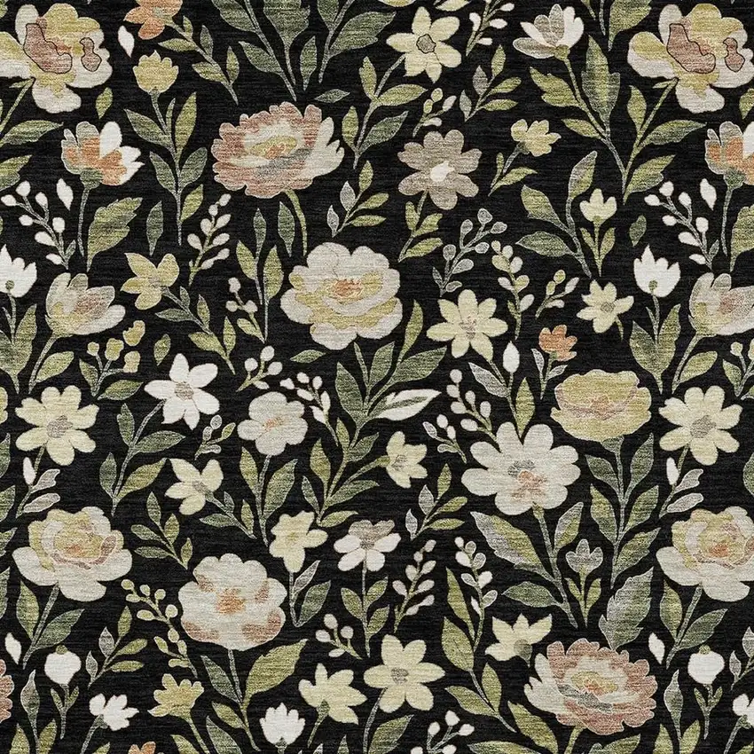 Black And Ivory Floral Washable Indoor Outdoor Area Rug Photo 2