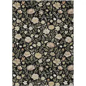 Photo of Black And Ivory Floral Washable Indoor Outdoor Area Rug