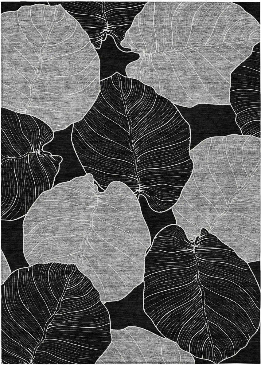 Black And Ivory Floral Washable Indoor Outdoor Area Rug Photo 8
