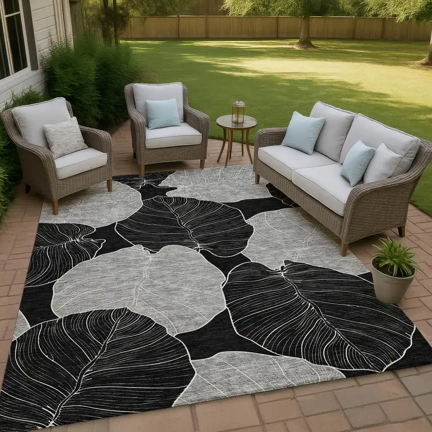 Black And Ivory Floral Washable Indoor Outdoor Area Rug Photo 4