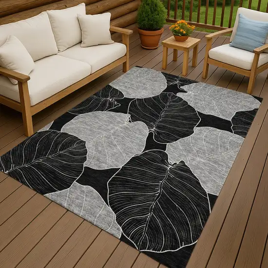 Black And Ivory Floral Washable Indoor Outdoor Area Rug Photo 7