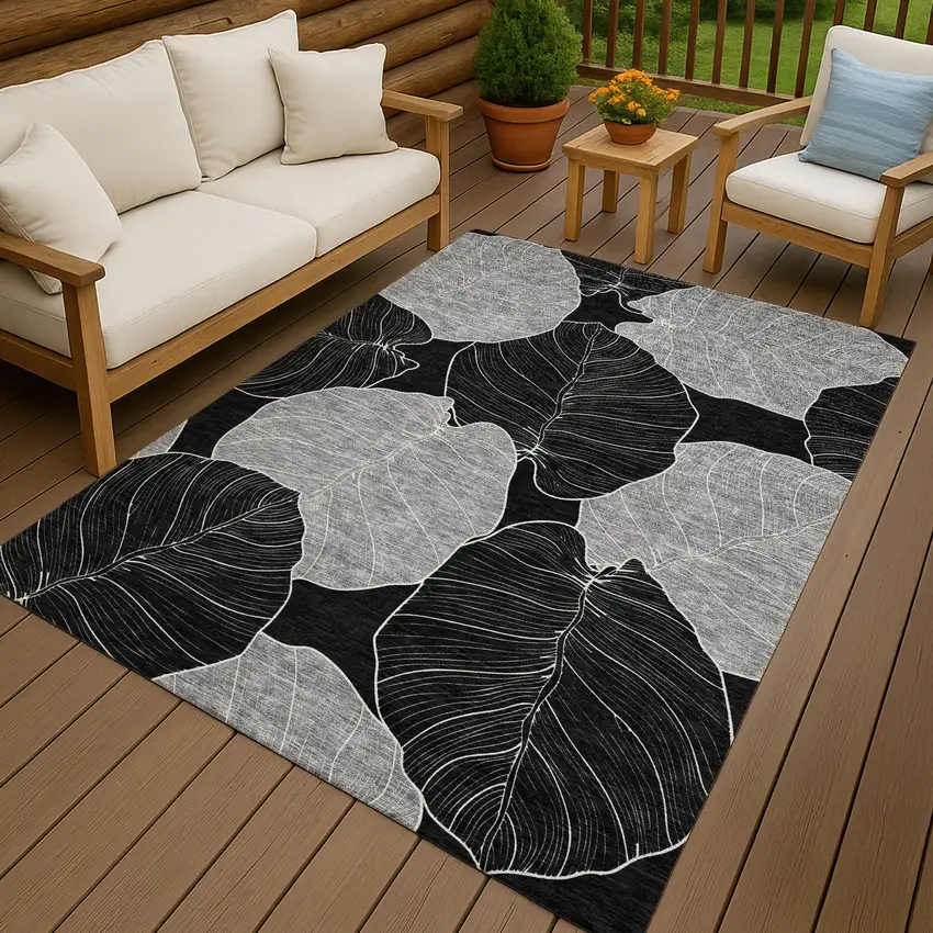 Black And Ivory Floral Washable Indoor Outdoor Area Rug Photo 7