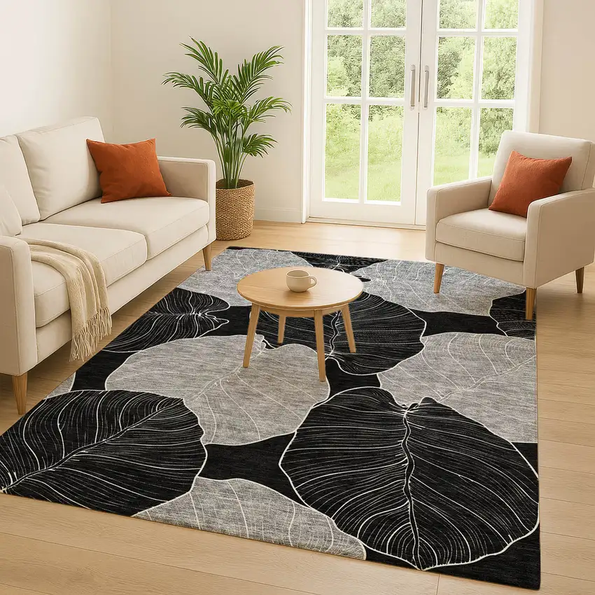 Black And Ivory Floral Washable Indoor Outdoor Area Rug Photo 5