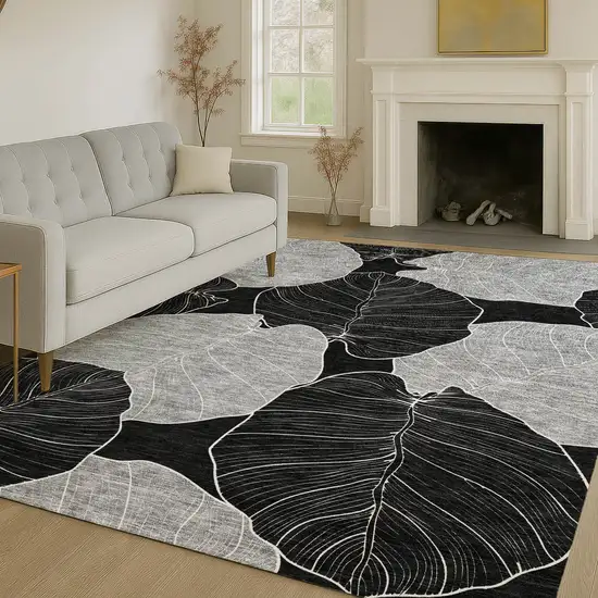 Black And Ivory Floral Washable Indoor Outdoor Area Rug Photo 6