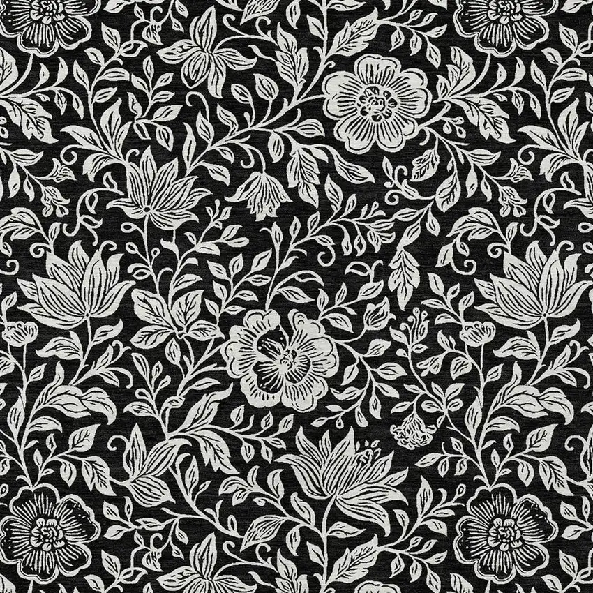 Black And Ivory Floral Washable Indoor Outdoor Area Rug Photo 2