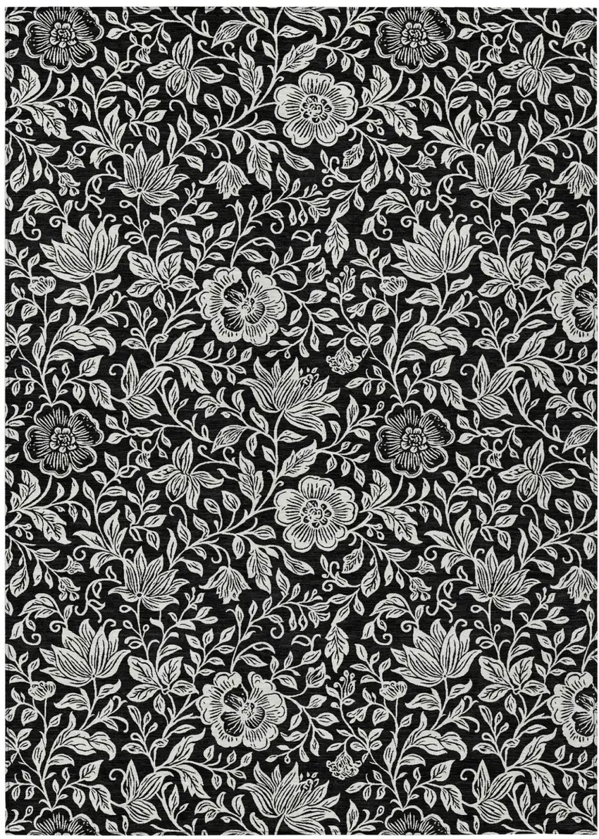 Black And Ivory Floral Washable Indoor Outdoor Area Rug Photo 1