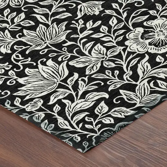 Black And Ivory Floral Washable Indoor Outdoor Area Rug Photo 4
