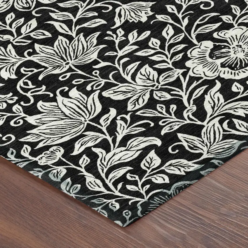 Black And Ivory Floral Washable Indoor Outdoor Area Rug Photo 4