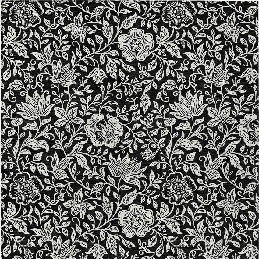 Black And Ivory Floral Washable Indoor Outdoor Area Rug Photo 3