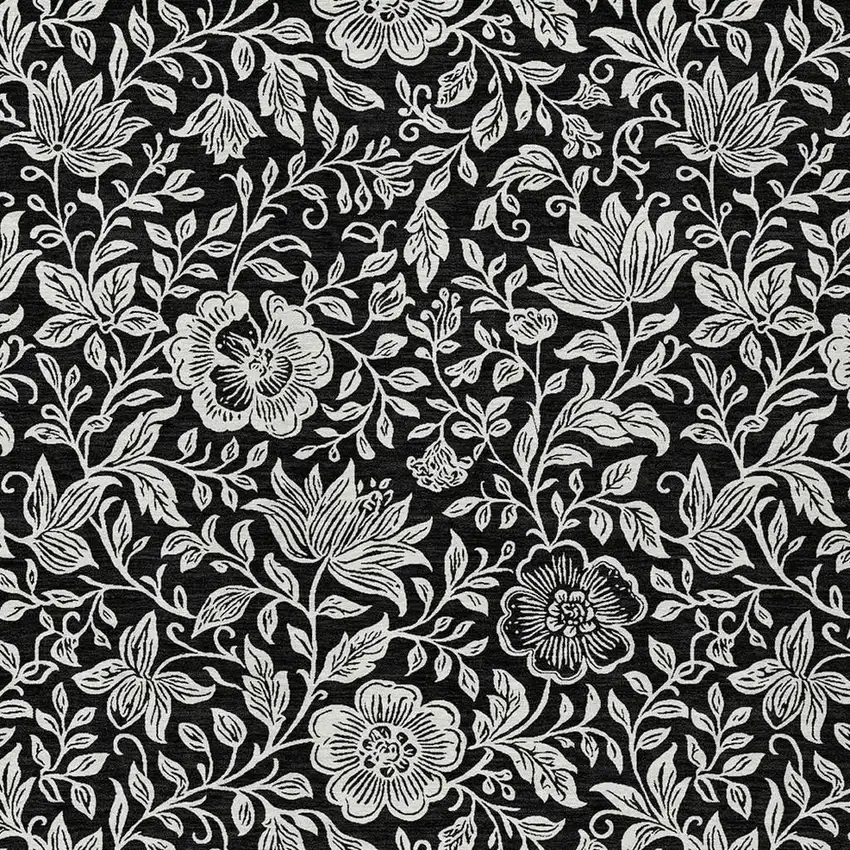 Black And Ivory Floral Washable Indoor Outdoor Area Rug Photo 2