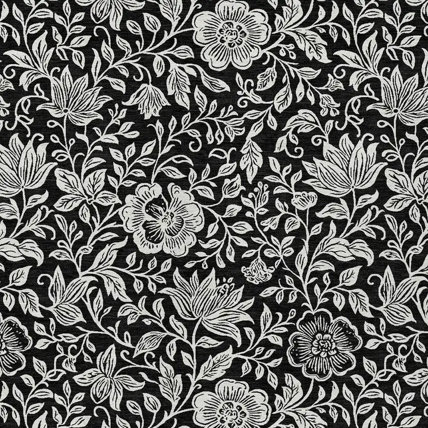 Black And Ivory Floral Washable Indoor Outdoor Area Rug Photo 2
