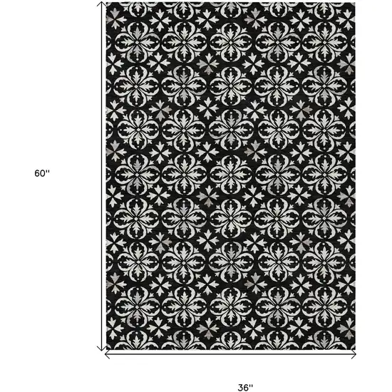 Black And Ivory Floral Washable Indoor Outdoor Area Rug Photo 3