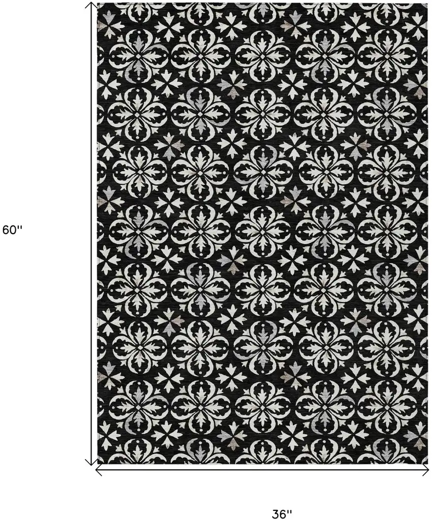 Black And Ivory Floral Washable Indoor Outdoor Area Rug Photo 3