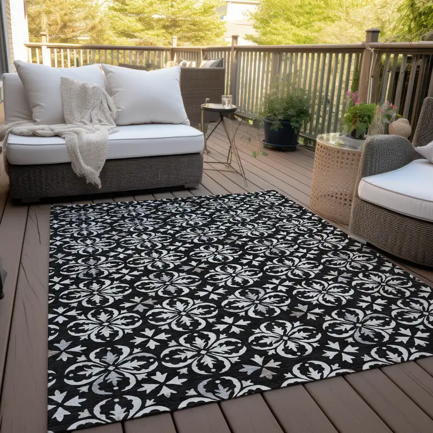 Black And Ivory Floral Washable Indoor Outdoor Area Rug Photo 9