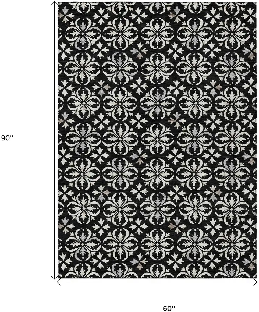 Black And Ivory Floral Washable Indoor Outdoor Area Rug Photo 3