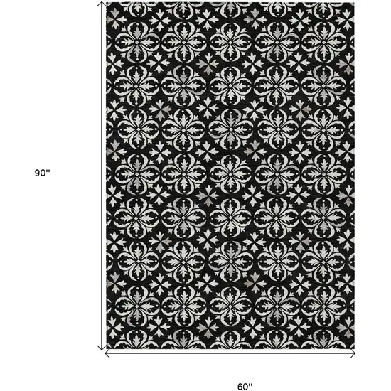 Black And Ivory Floral Washable Indoor Outdoor Area Rug Photo 3