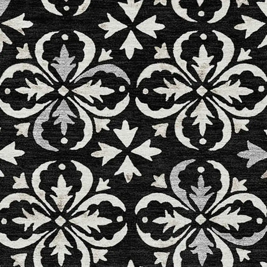 Black And Ivory Floral Washable Indoor Outdoor Area Rug Photo 5