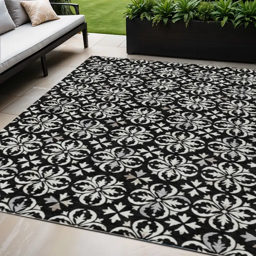 Black And Ivory Floral Washable Indoor Outdoor Area Rug Photo 1