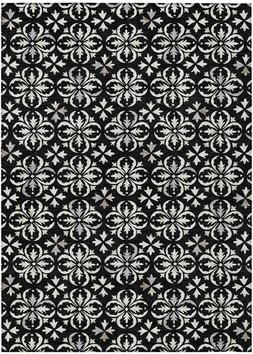 Black And Ivory Floral Washable Indoor Outdoor Area Rug Photo 2