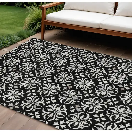 Black And Ivory Floral Washable Indoor Outdoor Area Rug Photo 1