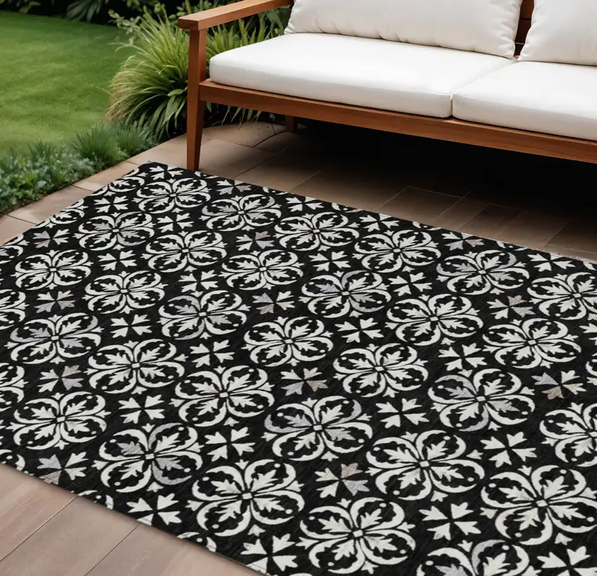 Black And Ivory Floral Washable Indoor Outdoor Area Rug Photo 1