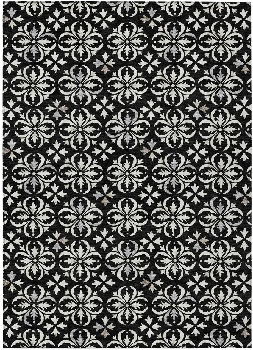 Black And Ivory Floral Washable Indoor Outdoor Area Rug Photo 2