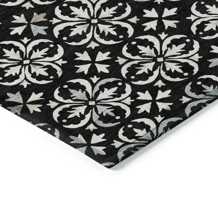 Black And Ivory Floral Washable Indoor Outdoor Area Rug Photo 3