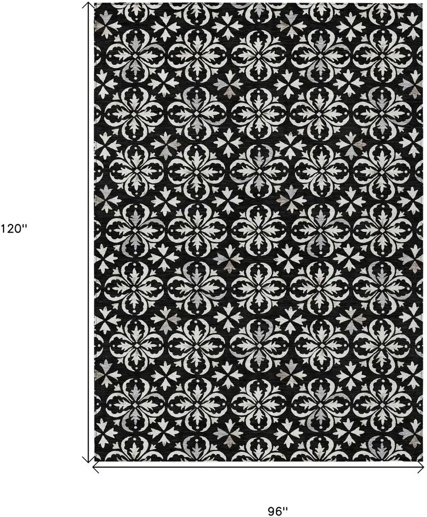 Black And Ivory Floral Washable Indoor Outdoor Area Rug Photo 3
