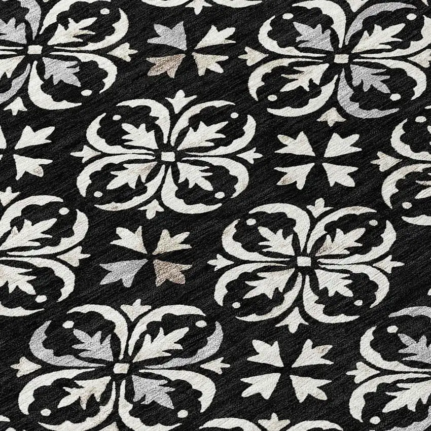 Black And Ivory Floral Washable Indoor Outdoor Area Rug Photo 7