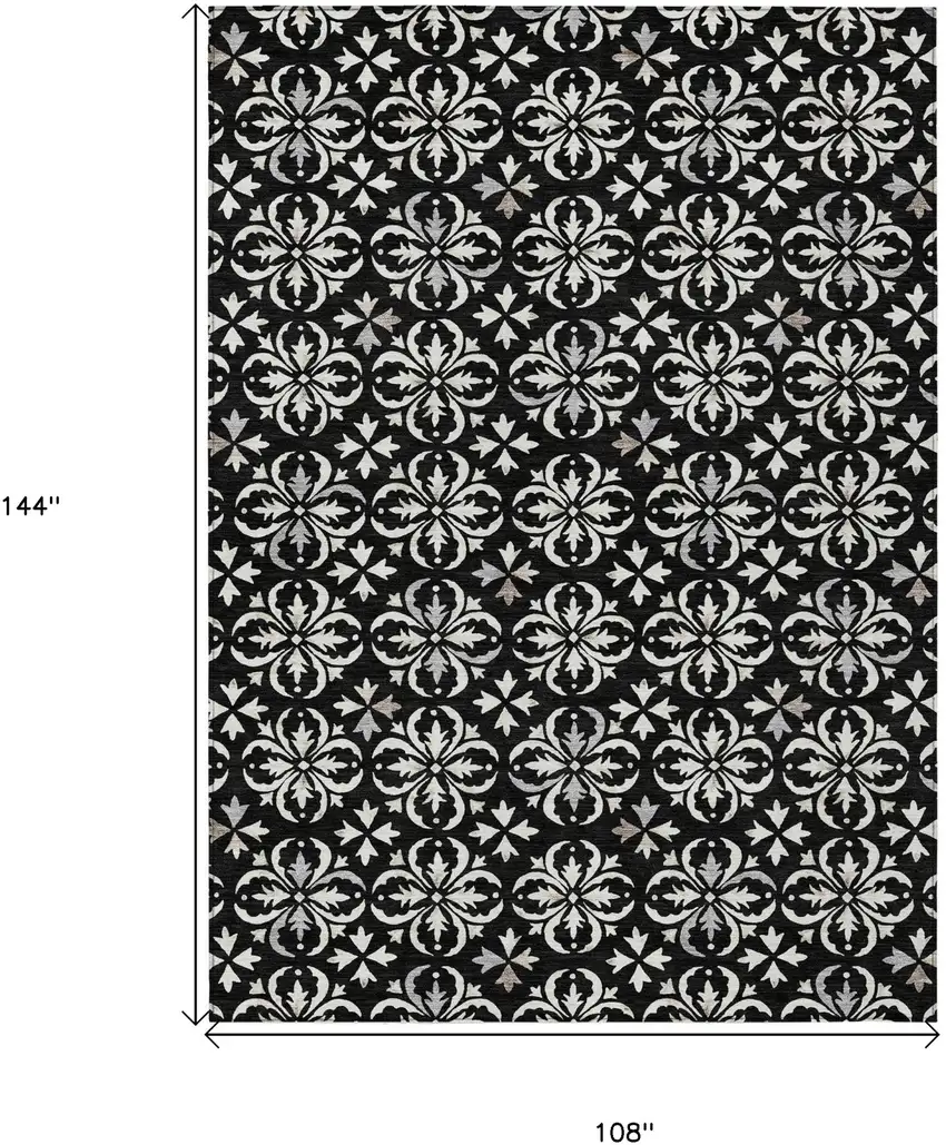 Black And Ivory Floral Washable Indoor Outdoor Area Rug Photo 3