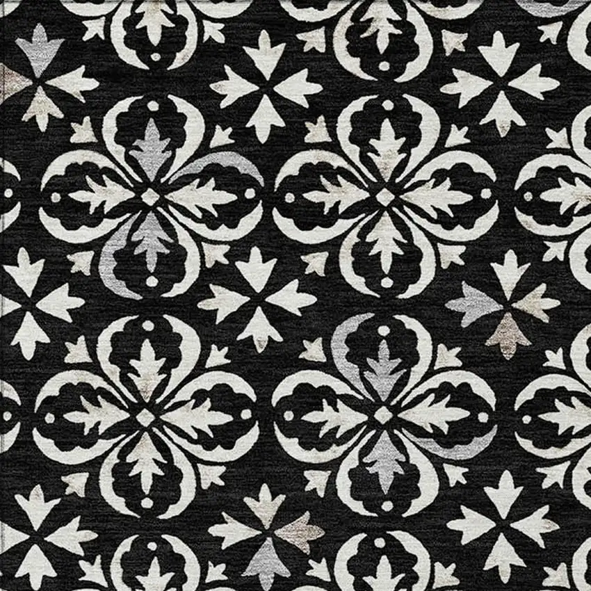 Black And Ivory Floral Washable Indoor Outdoor Area Rug Photo 6