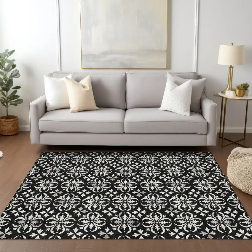 Black And Ivory Floral Washable Indoor Outdoor Area Rug Photo 8