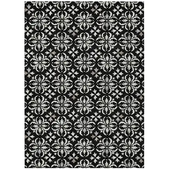 Black And Ivory Floral Washable Indoor Outdoor Area Rug Photo 2