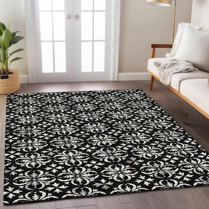 Black And Ivory Floral Washable Indoor Outdoor Area Rug Photo 9